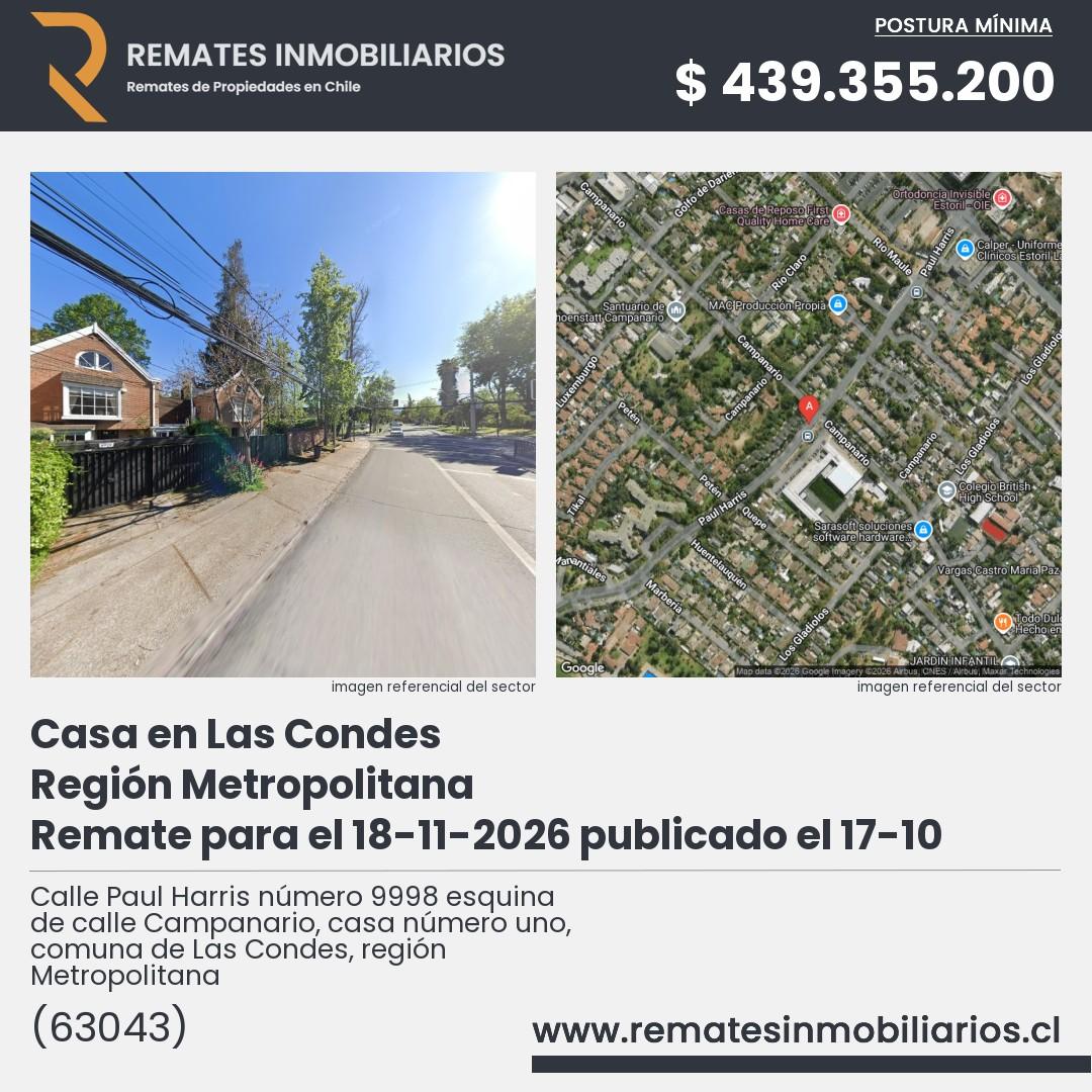 Imagen ficha Calle Paul Harris número 9998 esquina de calle Campanario, casa número uno, comuna de Las Condes, región Metropolitana