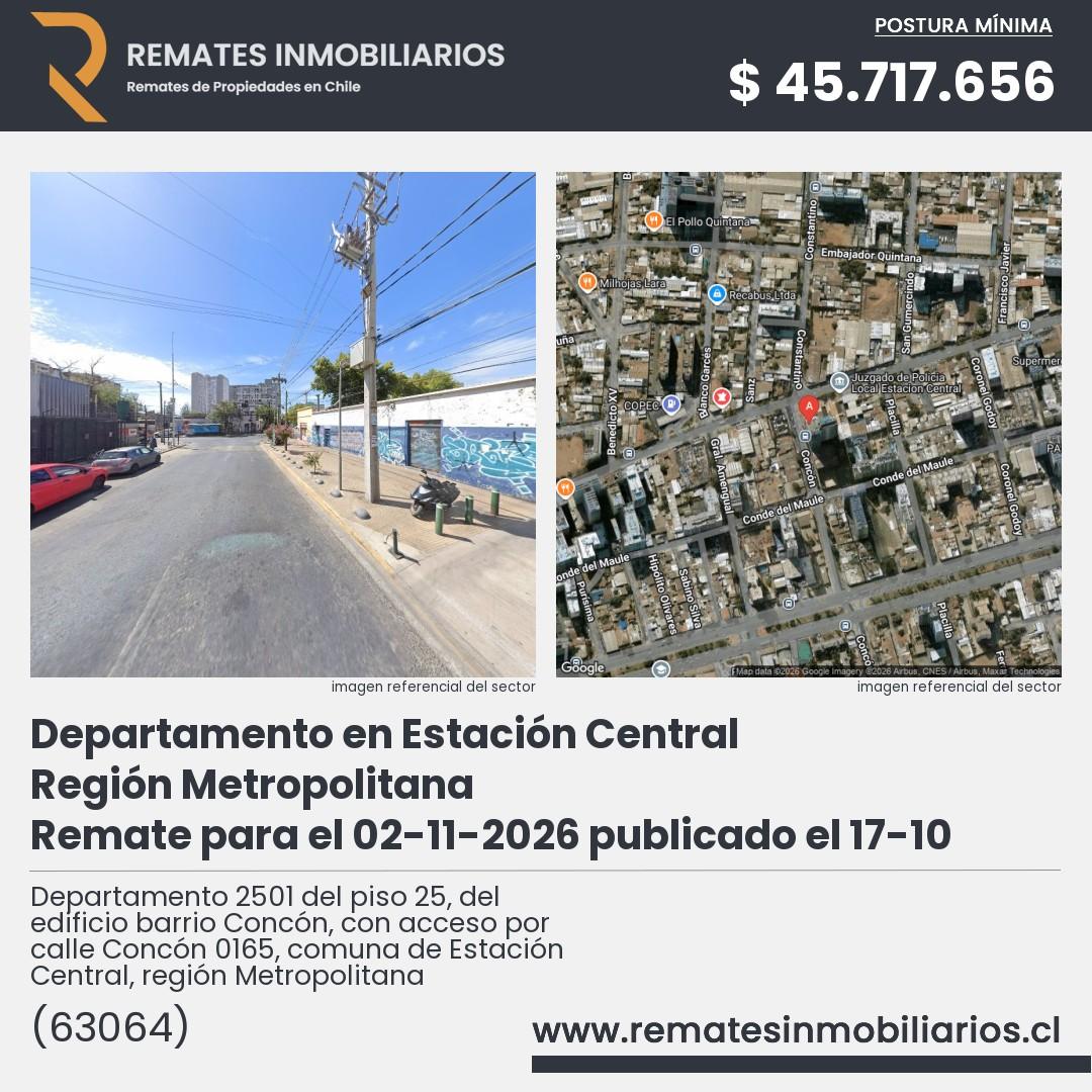 Imagen ficha Departamento 2501 del piso 25, del edificio barrio Concón, con acceso por calle Concón 0165, comuna de Estación Central, región Metropolitana