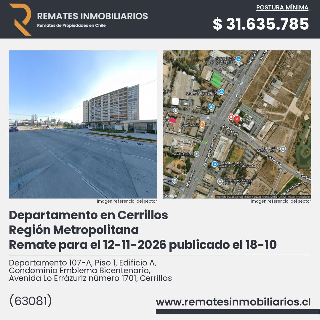 Imagen ficha Departamento 107-A, Piso 1, Edificio A, Condominio Emblema Bicentenario, Avenida Lo Errázuriz número 1701, Cerrillos