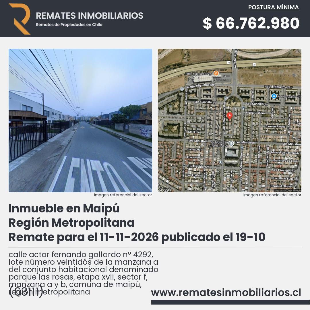 Imagen ficha calle actor fernando gallardo nº 4292, lote número veintidós de la manzana a del conjunto habitacional denominado parque las rosas, etapa xvii, sector f, manzana a y b, comuna de maipú, región metropolitana