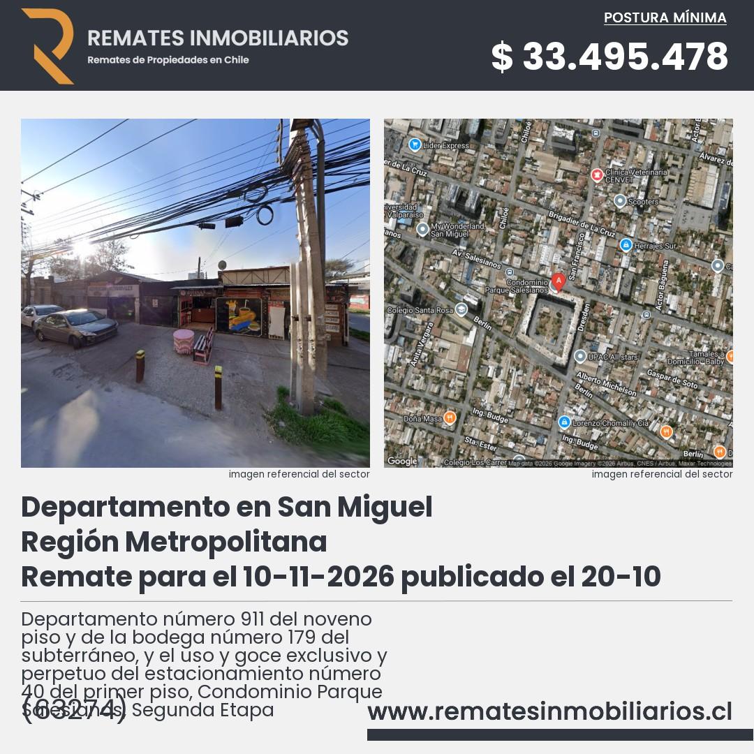 Imagen ficha Departamento número 911 del noveno piso y de la bodega número 179 del subterráneo, y el uso y goce exclusivo y perpetuo del estacionamiento número 40 del primer piso, Condominio Parque Salesianos, Segunda Etapa