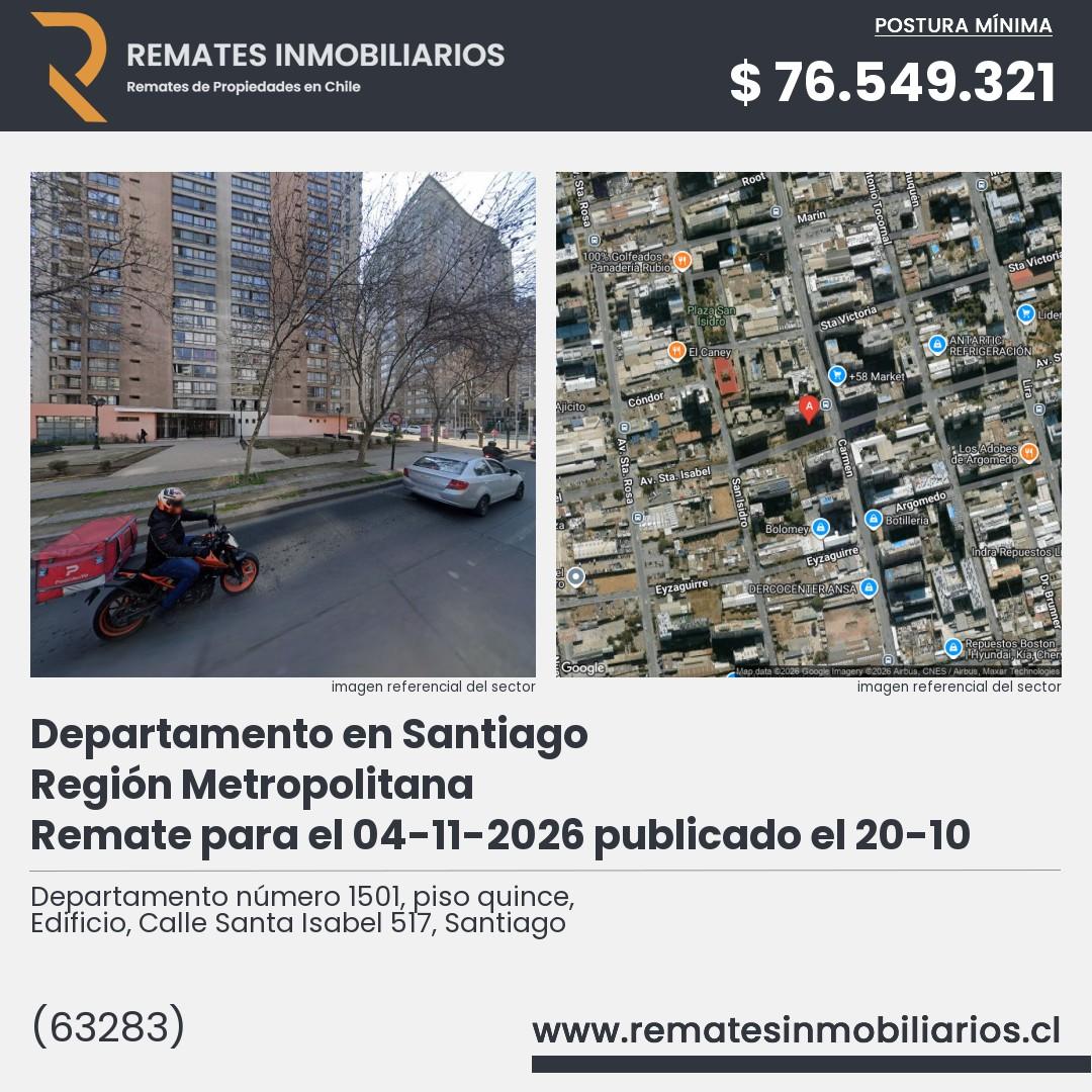 Imagen ficha Departamento número 1501, piso quince, Edificio, Calle Santa Isabel 517, Santiago