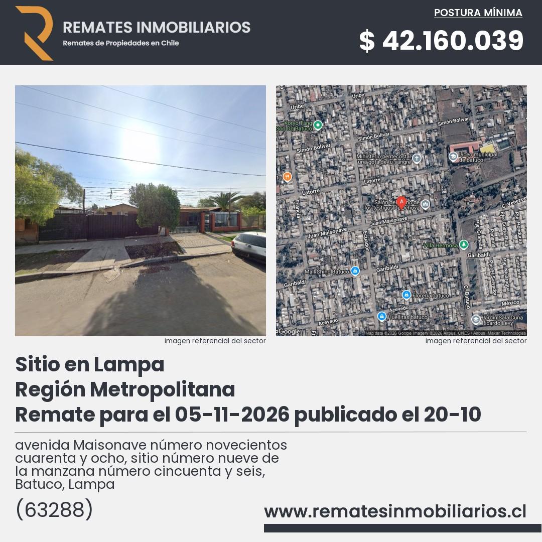 Imagen ficha avenida Maisonave número novecientos cuarenta y ocho, sitio número nueve de la manzana número cincuenta y seis, Batuco, Lampa