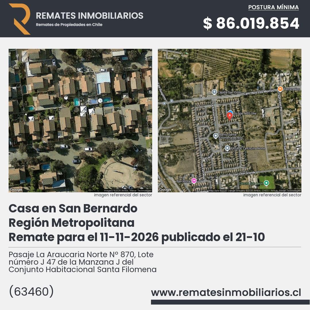 Imagen ficha Pasaje La Araucaria Norte Nº 870, Lote número J 47 de la Manzana J del Conjunto Habitacional Santa Filomena