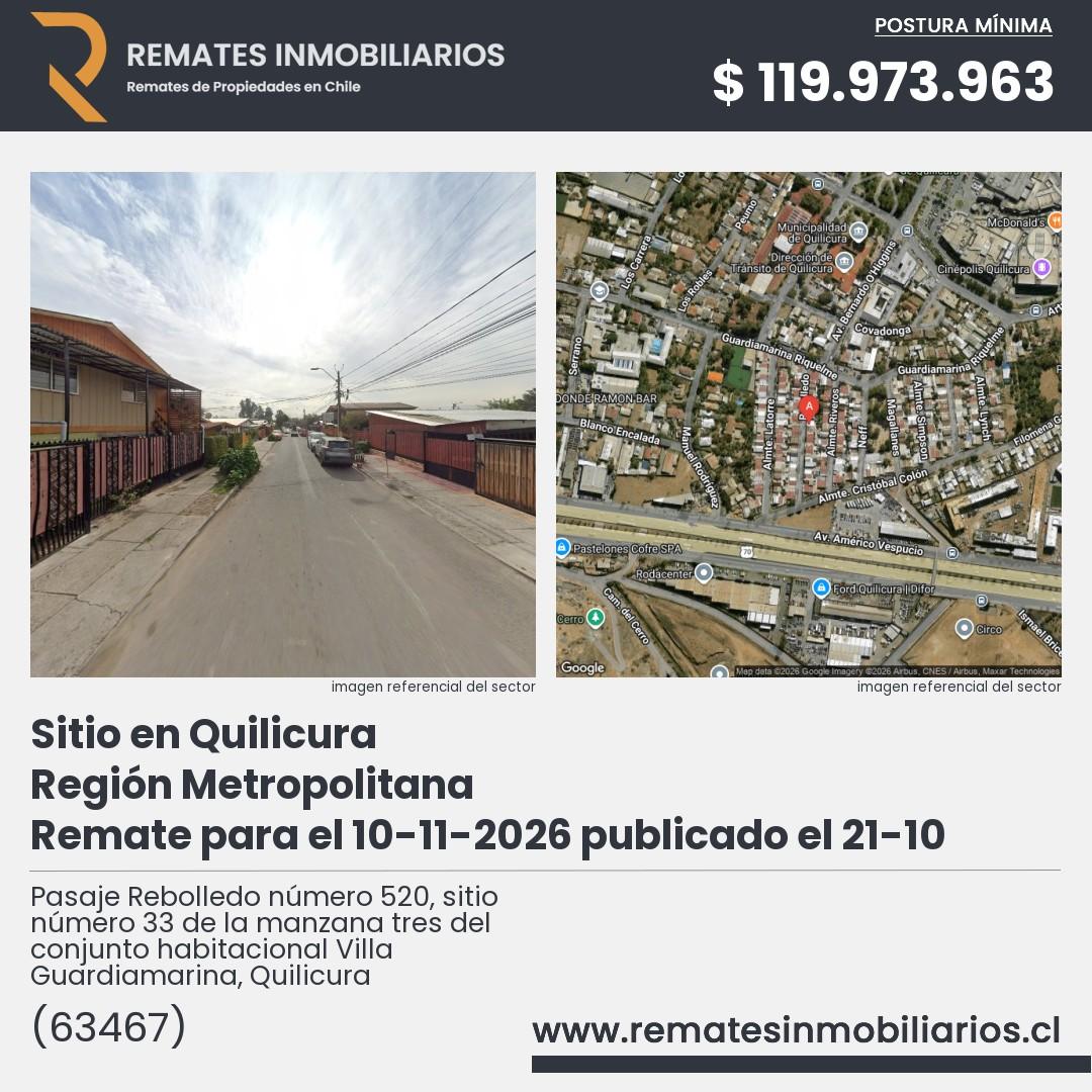 Imagen ficha Pasaje Rebolledo número 520, sitio número 33 de la manzana tres del conjunto habitacional Villa Guardiamarina, Quilicura
