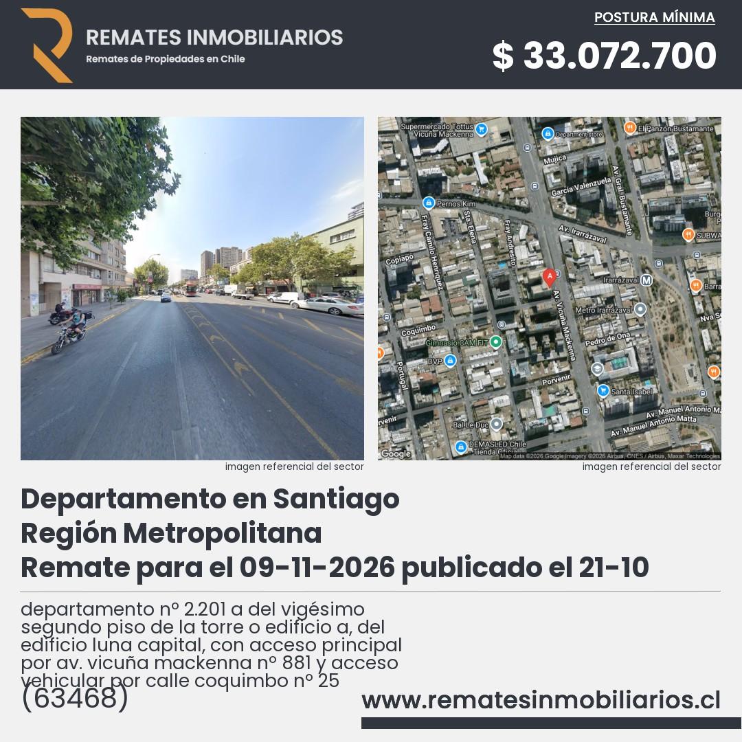 Imagen ficha departamento nº 2.201 a del vigésimo segundo piso de la torre o edificio a, del edificio luna capital, con acceso principal por av. vicuña mackenna nº 881 y acceso vehicular por calle coquimbo nº 25