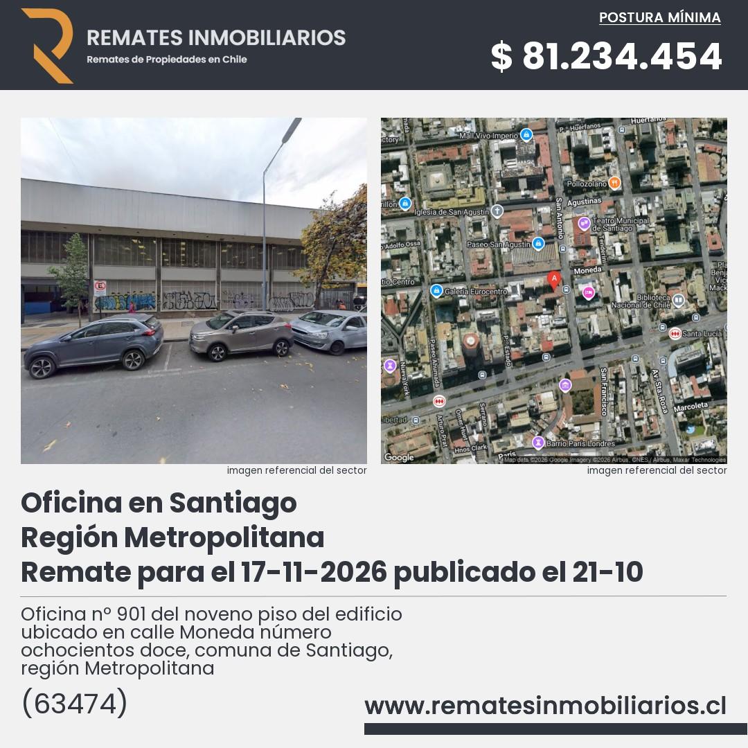 Imagen ficha Oficina nº 901 del noveno piso del edificio ubicado en calle Moneda número ochocientos doce, comuna de Santiago, región Metropolitana