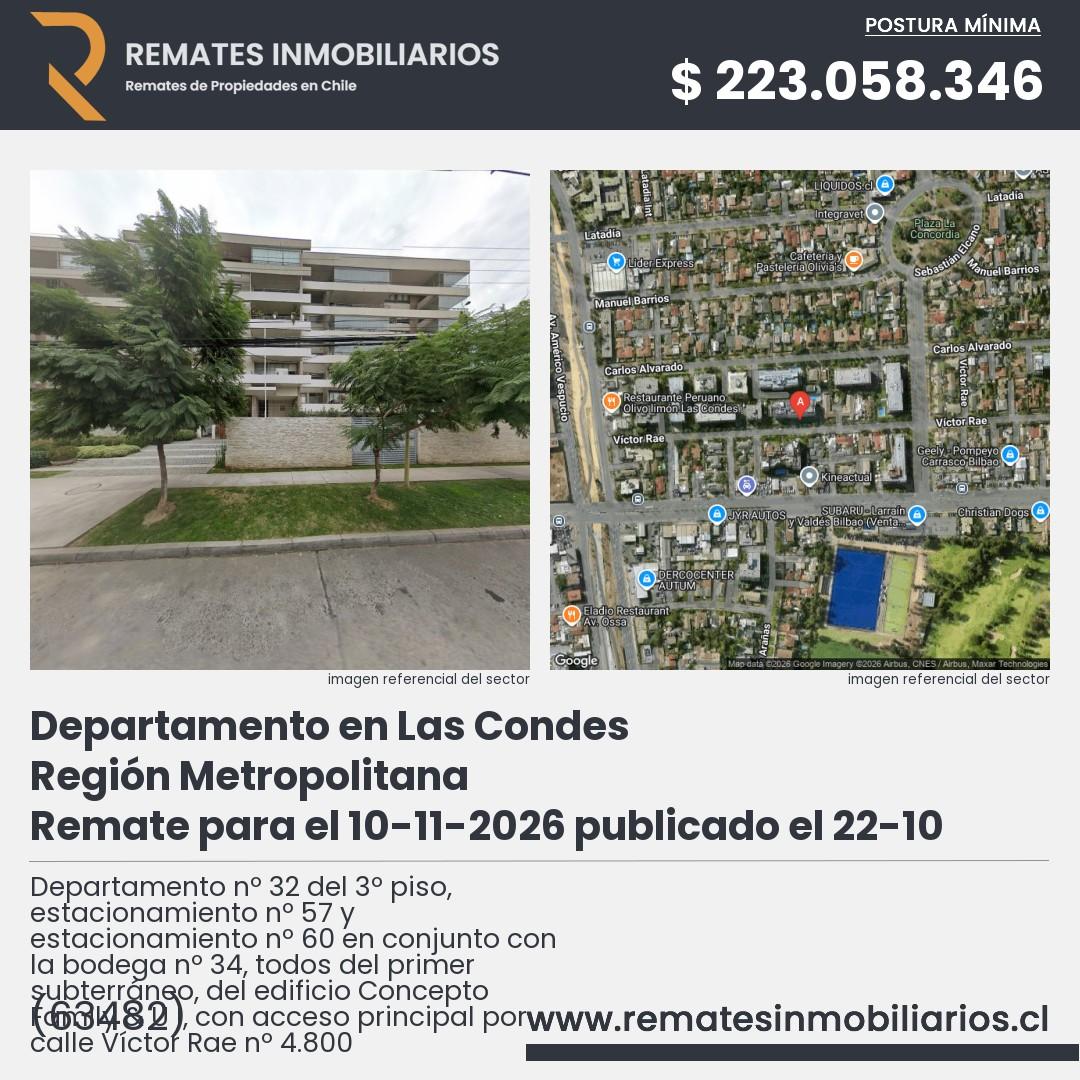 Imagen ficha Departamento nº 32 del 3º piso, estacionamiento nº 57 y estacionamiento nº 60 en conjunto con la bodega nº 34, todos del primer subterráneo, del edificio Concepto Family & U I, con acceso principal por calle Víctor Rae nº 4.800