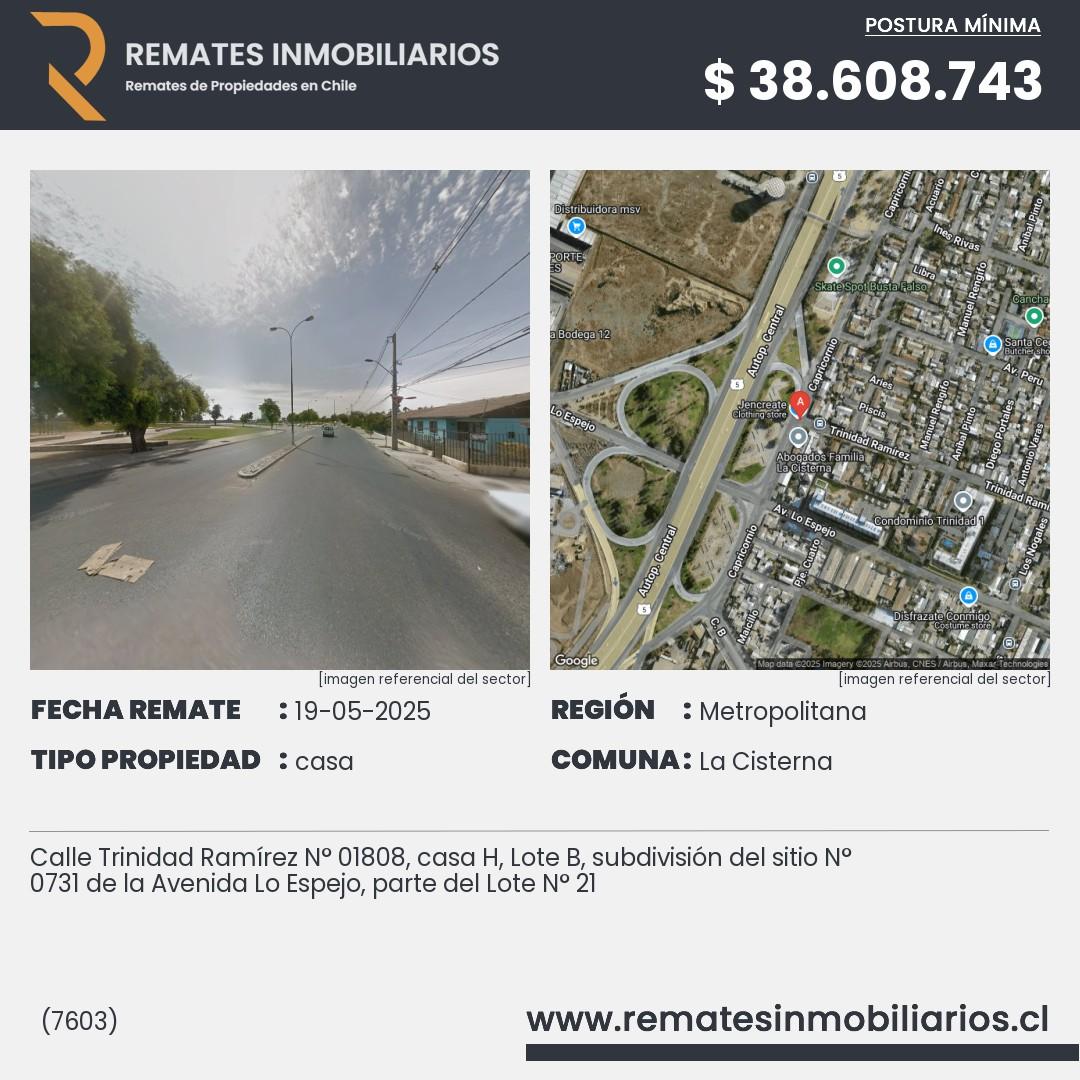 Imagen ficha Calle Trinidad Ramírez N° 01808, casa H, Lote B, subdivisión del sitio N° 0731 de la Avenida Lo Espejo, parte del Lote N° 21