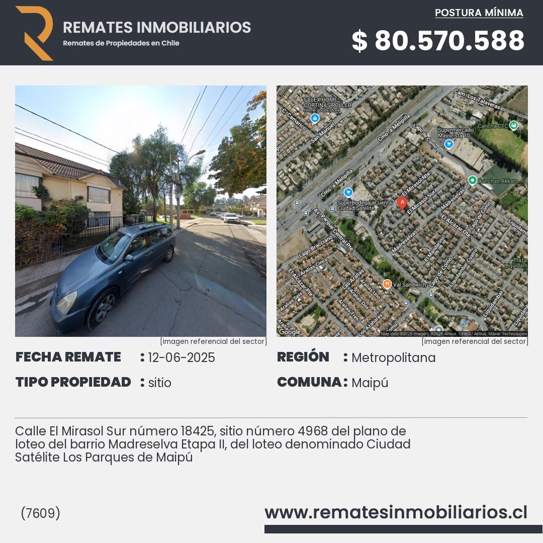 Imagen ficha Calle El Mirasol Sur número 18425, sitio número 4968 del plano de loteo del barrio Madreselva Etapa II, del loteo denominado Ciudad Satélite Los Parques de Maipú