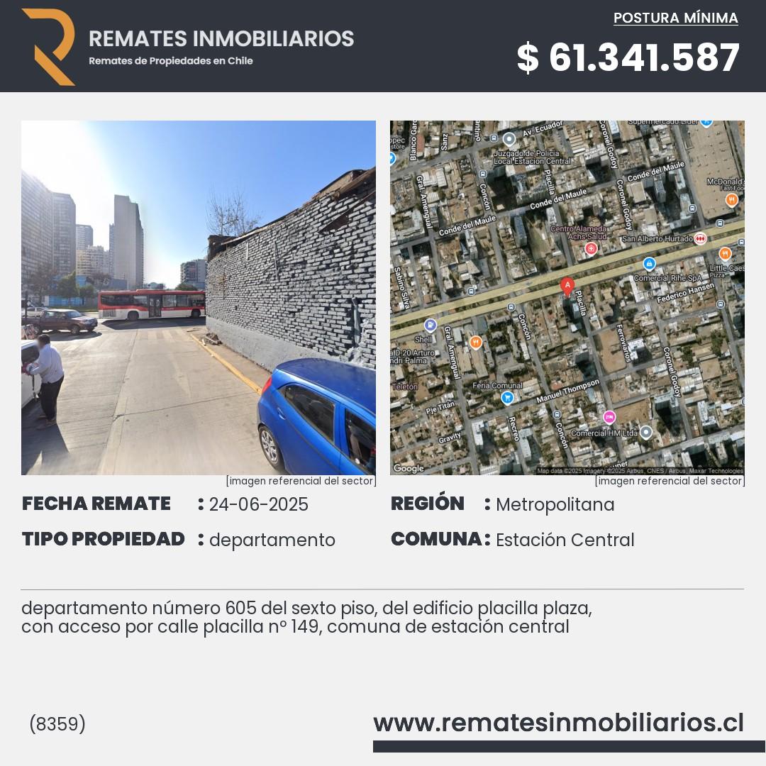Imagen ficha departamento número 605 del sexto piso, del edificio placilla plaza, con acceso por calle placilla nº 149, comuna de estación central