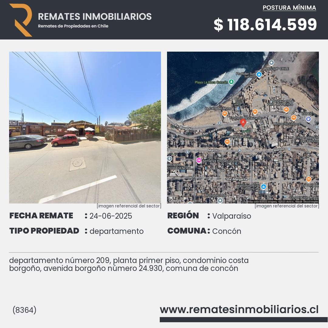 Imagen ficha departamento número 209, planta primer piso, condominio costa borgoño, avenida borgoño número 24.930, comuna de concón
