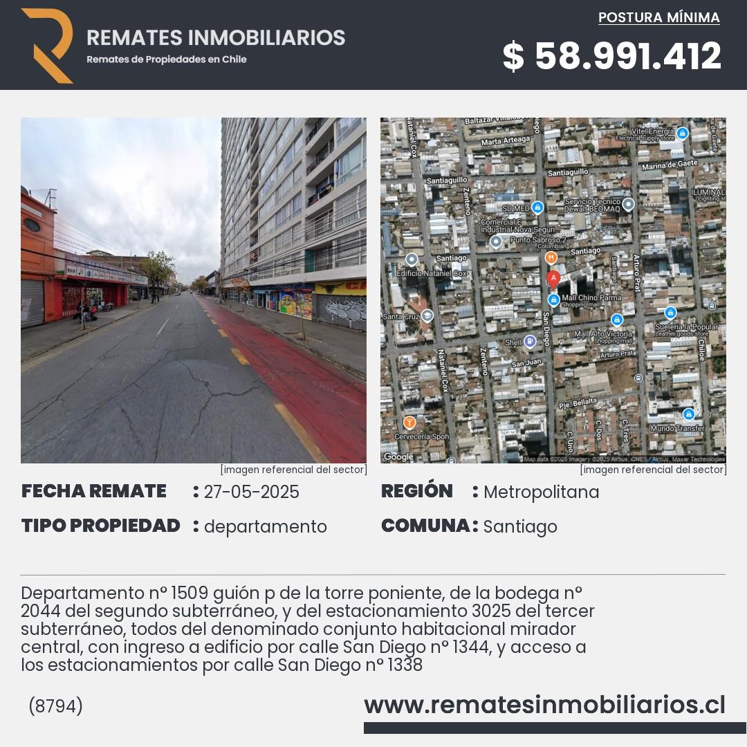 Imagen ficha Departamento n° 1509 guión p de la torre poniente, de la bodega n° 2044 del segundo subterráneo, y del estacionamiento 3025 del tercer subterráneo, todos del denominado conjunto habitacional mirador central, con ingreso a edificio por calle San Diego n° 1344, y acceso a los estacionamientos por calle San Diego n° 1338