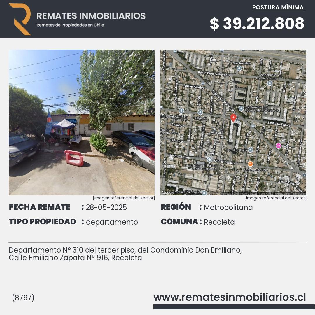 Imagen ficha Departamento N° 310 del tercer piso, del Condominio Don Emiliano, Calle Emiliano Zapata N° 916, Recoleta