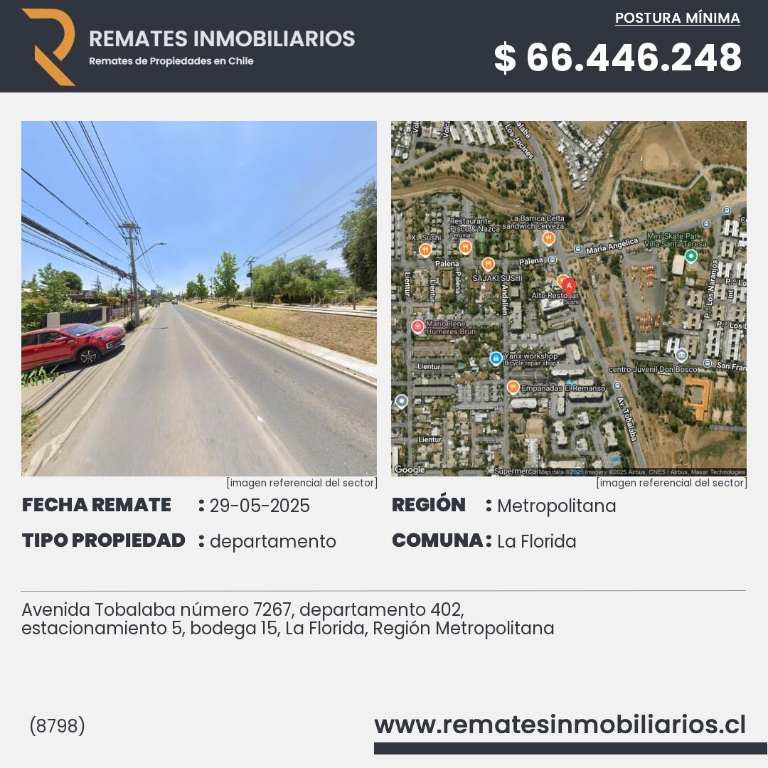 Imagen ficha Avenida Tobalaba número 7267, departamento 402, estacionamiento 5, bodega 15, La Florida, Región Metropolitana