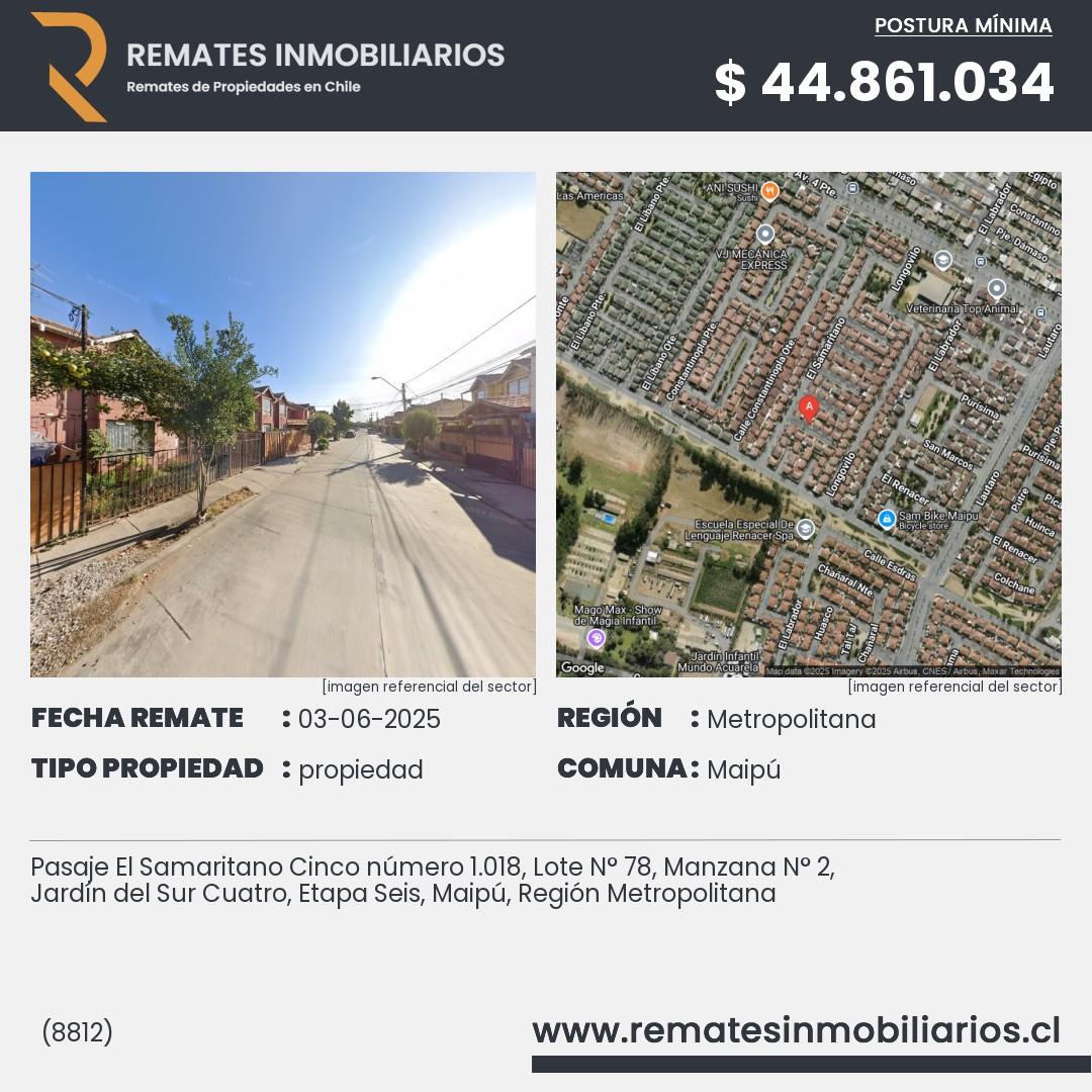 Imagen ficha Pasaje El Samaritano Cinco número 1.018, Lote N° 78, Manzana N° 2, Jardín del Sur Cuatro, Etapa Seis, Maipú, Región Metropolitana