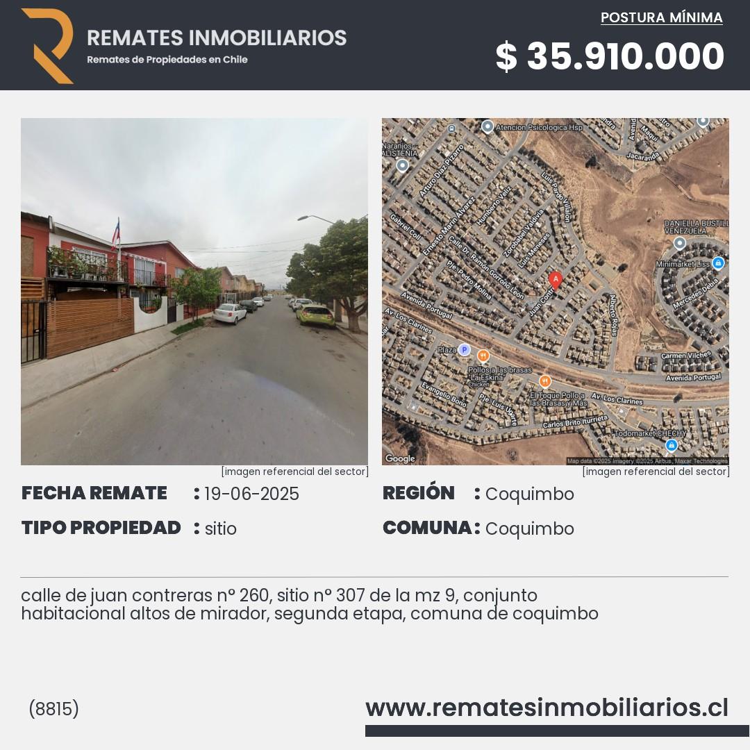 Imagen ficha calle de juan contreras n° 260, sitio n° 307 de la mz 9, conjunto habitacional altos de mirador, segunda etapa, comuna de coquimbo