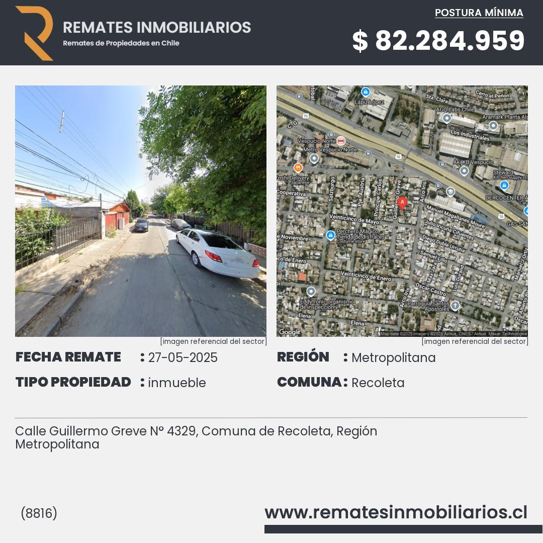 Imagen ficha Calle Guillermo Greve N° 4329, Comuna de Recoleta, Región Metropolitana