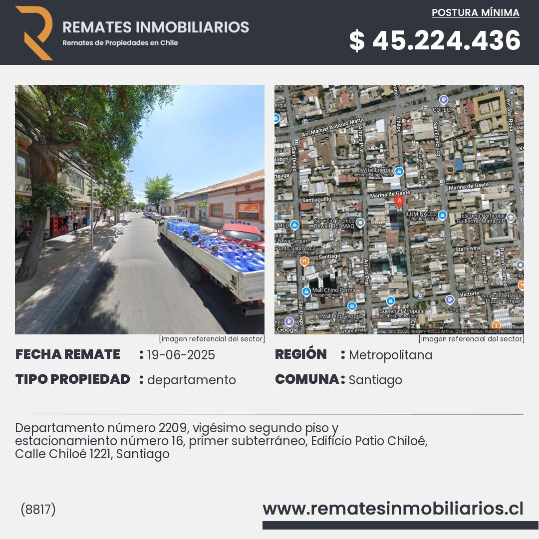 Imagen ficha Departamento número 2209, vigésimo segundo piso y estacionamiento número 16, primer subterráneo, Edificio Patio Chiloé, Calle Chiloé 1221, Santiago