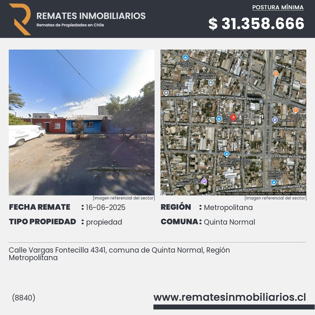 Imagen ficha Calle Vargas Fontecilla 4341, comuna de Quinta Normal, Región Metropolitana
