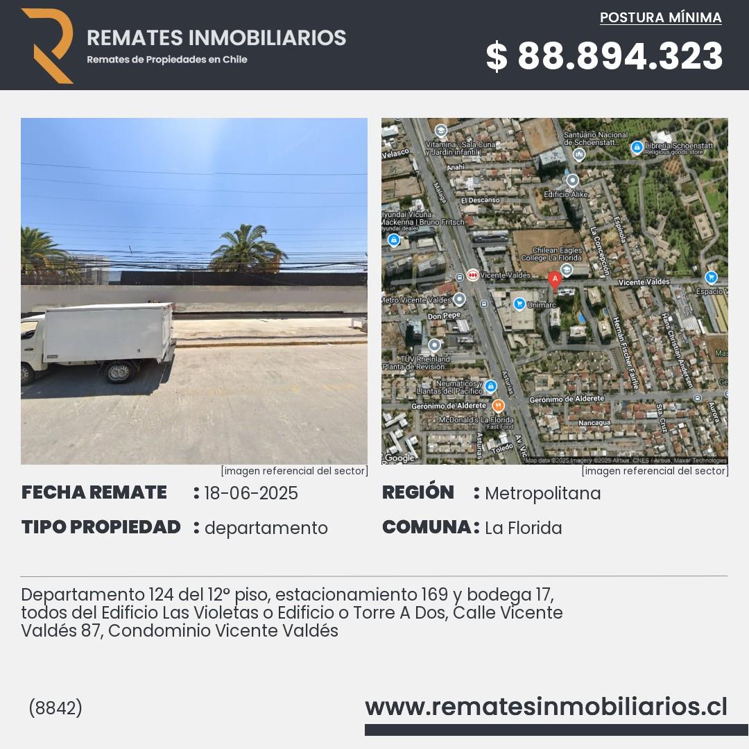 Imagen ficha Departamento 124 del 12° piso, estacionamiento 169 y bodega 17, todos del Edificio Las Violetas o Edificio o Torre A Dos, Calle Vicente Valdés 87, Condominio Vicente Valdés