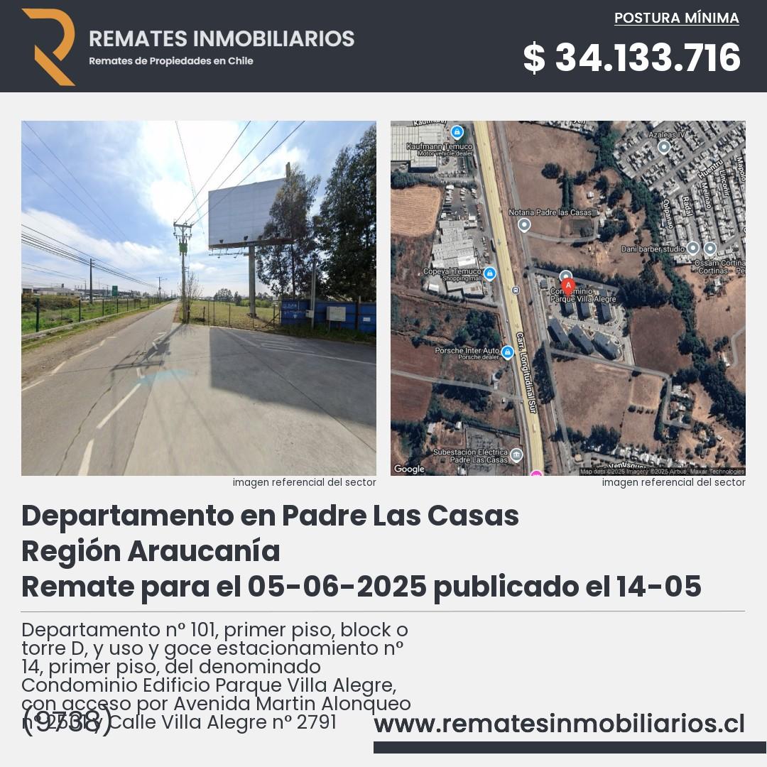 Imagen ficha Departamento n° 101, primer piso, block o torre D, y uso y goce estacionamiento n° 14, primer piso, del denominado Condominio Edificio Parque Villa Alegre, con acceso por Avenida Martin Alonqueo n° 2501 y Calle Villa Alegre n° 2791