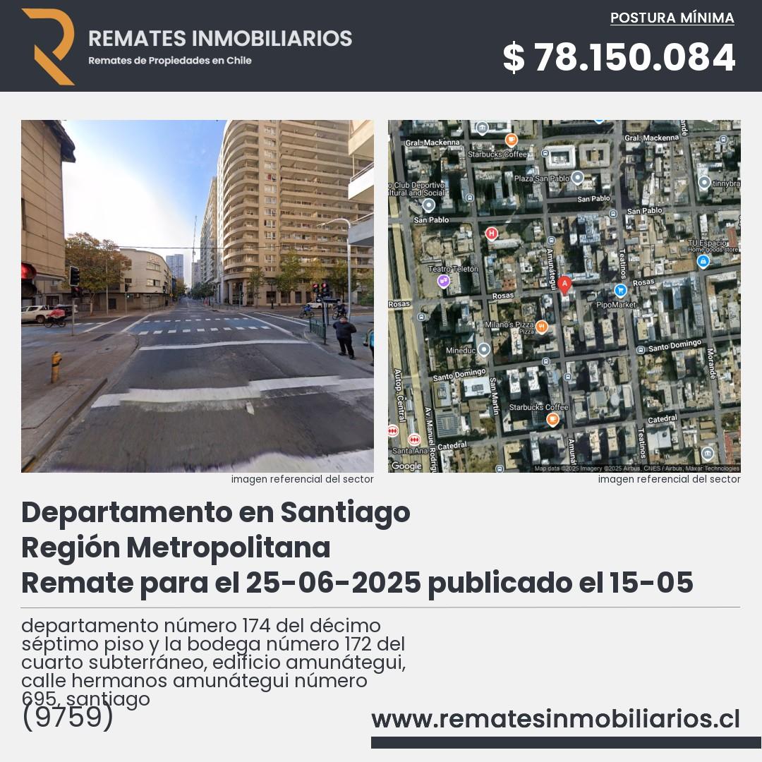 Imagen ficha departamento número 174 del décimo séptimo piso y la bodega número 172 del cuarto subterráneo, edificio amunátegui, calle hermanos amunátegui número 695, santiago