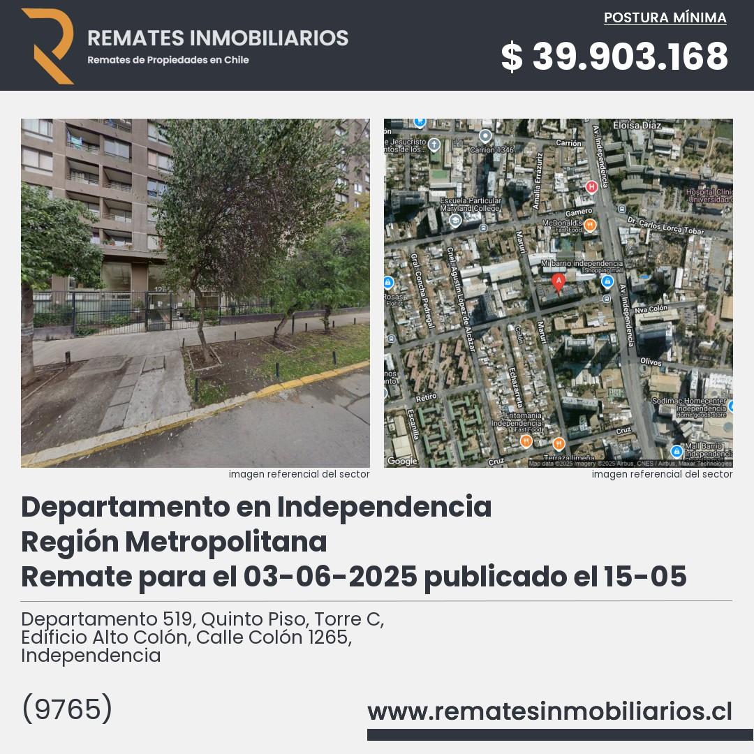 Imagen ficha Departamento 519, Quinto Piso, Torre C, Edificio Alto Colón, Calle Colón 1265, Independencia