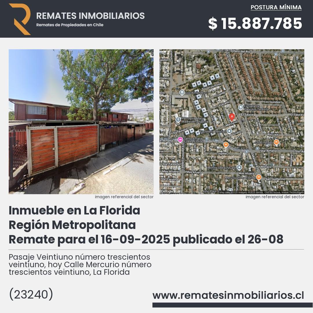 Imagen ficha Pasaje Veintiuno número trescientos veintiuno, hoy Calle Mercurio número trescientos veintiuno, La Florida
