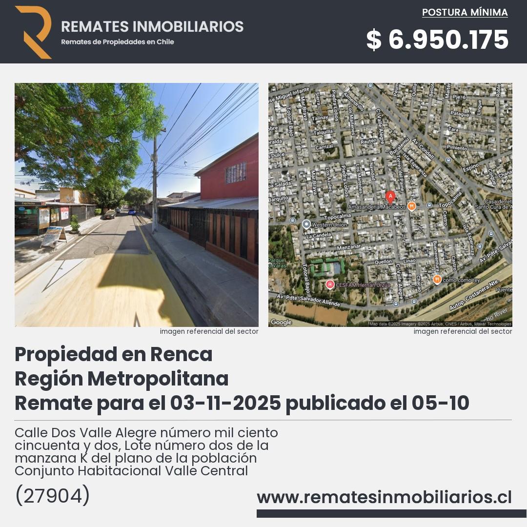 Imagen ficha Calle Dos Valle Alegre número mil ciento cincuenta y dos, Lote número dos de la manzana K del plano de la población Conjunto Habitacional Valle Central