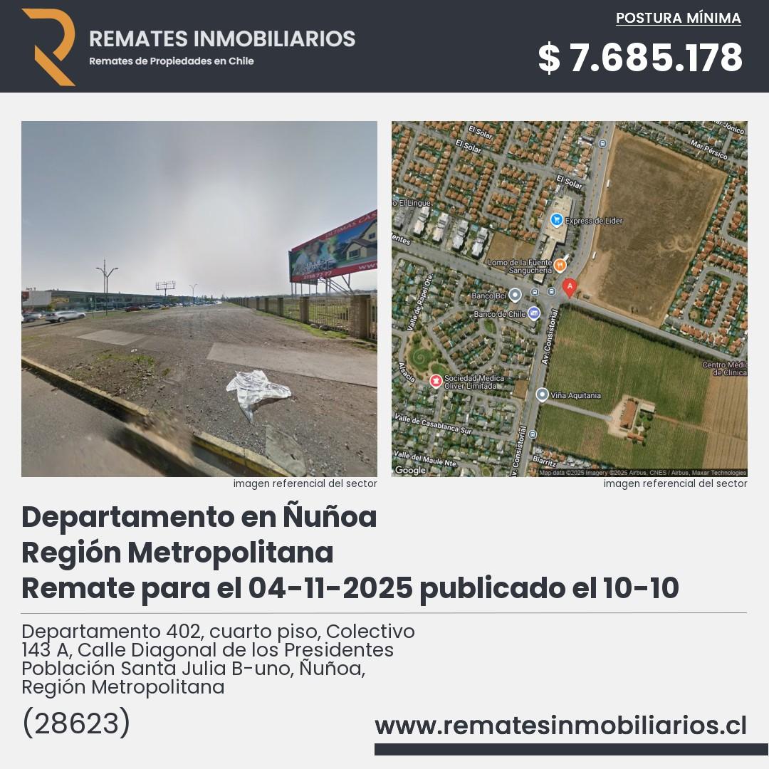 Imagen ficha Departamento 402, cuarto piso, Colectivo 143 A, Calle Diagonal de los Presidentes Población Santa Julia B-uno, Ñuñoa, Región Metropolitana