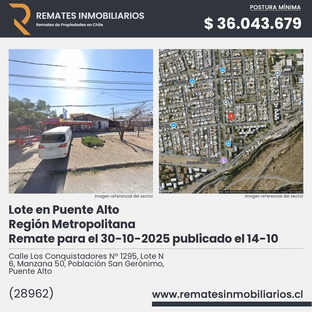 Imagen ficha Calle Los Conquistadores Nº 1295, Lote N 6, Manzana 50, Población San Gerónimo, Puente Alto