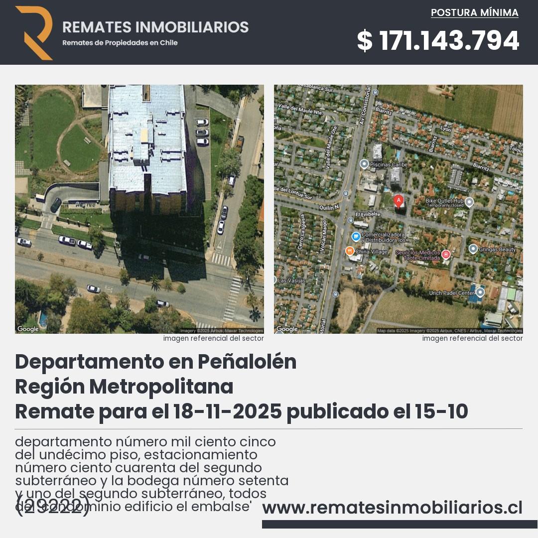Imagen ficha departamento número mil ciento cinco del undécimo piso, estacionamiento número ciento cuarenta del segundo subterráneo y la bodega número setenta y uno del segundo subterráneo, todos del