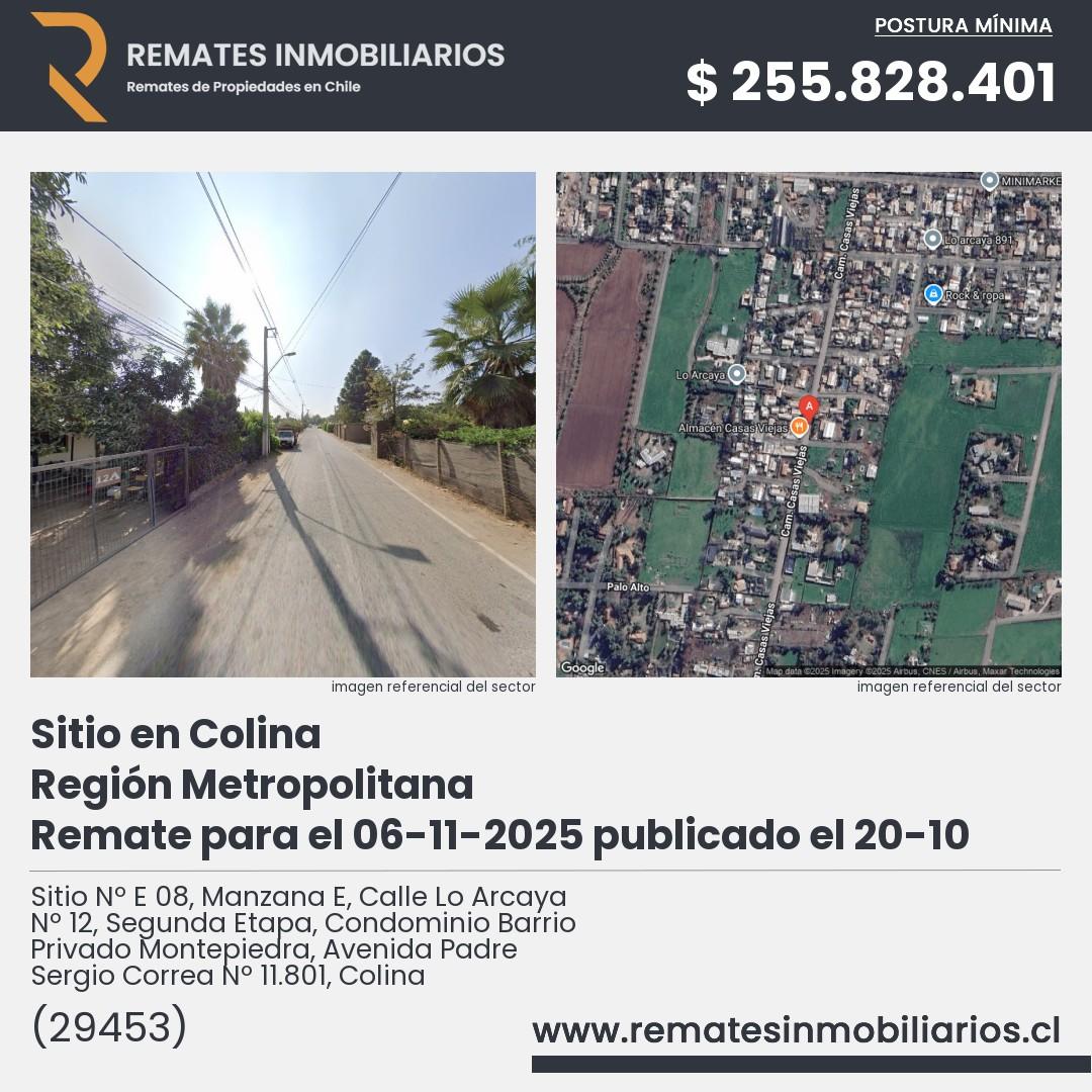Imagen ficha Sitio Nº E 08, Manzana E, Calle Lo Arcaya Nº 12, Segunda Etapa, Condominio Barrio Privado Montepiedra, Avenida Padre Sergio Correa Nº 11.801, Colina