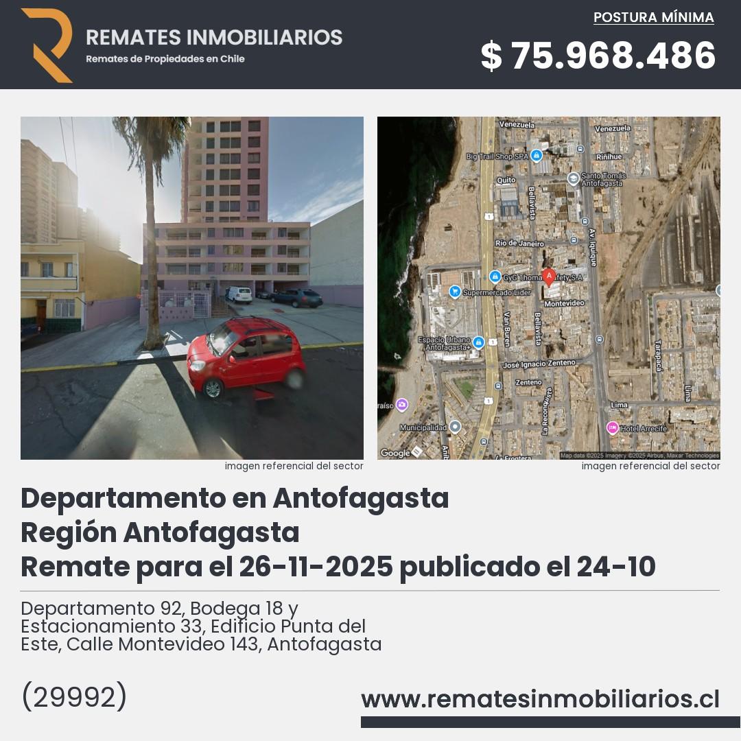 Imagen ficha Departamento 92, Bodega 18 y Estacionamiento 33, Edificio Punta del Este, Calle Montevideo 143, Antofagasta