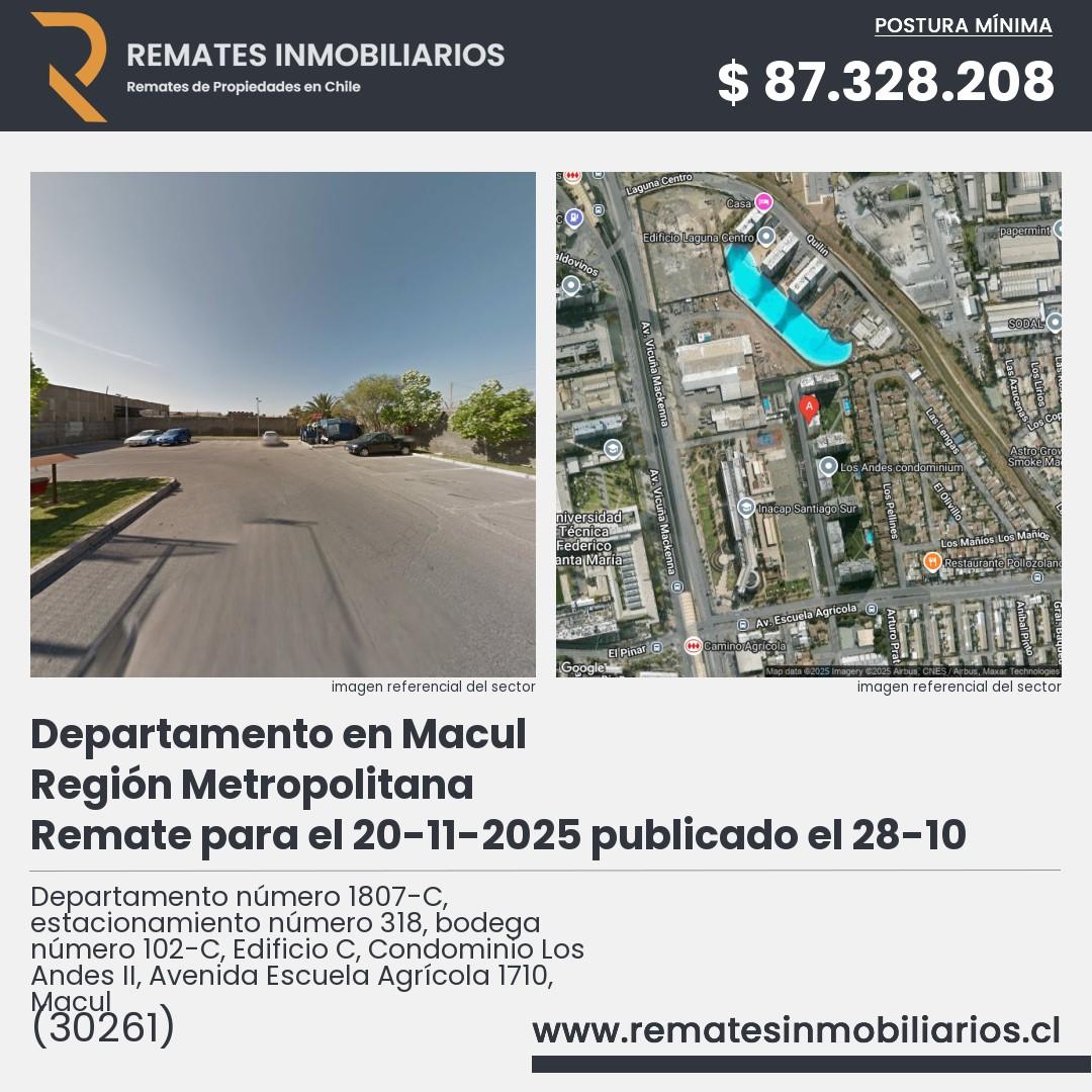 Imagen ficha Departamento número 1807-C, estacionamiento número 318, bodega número 102-C, Edificio C, Condominio Los Andes II, Avenida Escuela Agrícola 1710, Macul
