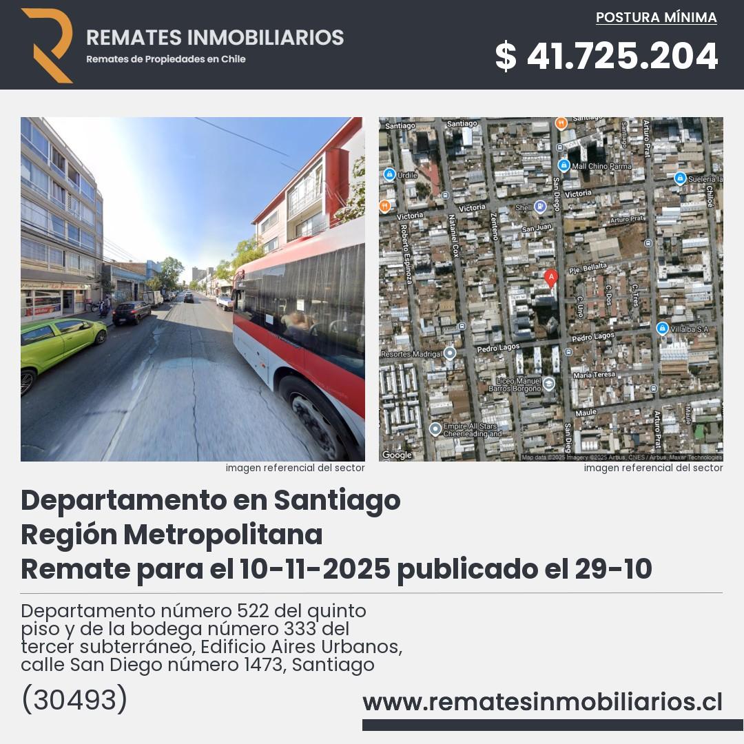 Imagen ficha Departamento número 522 del quinto piso y de la bodega número 333 del tercer subterráneo, Edificio Aires Urbanos, calle San Diego número 1473, Santiago