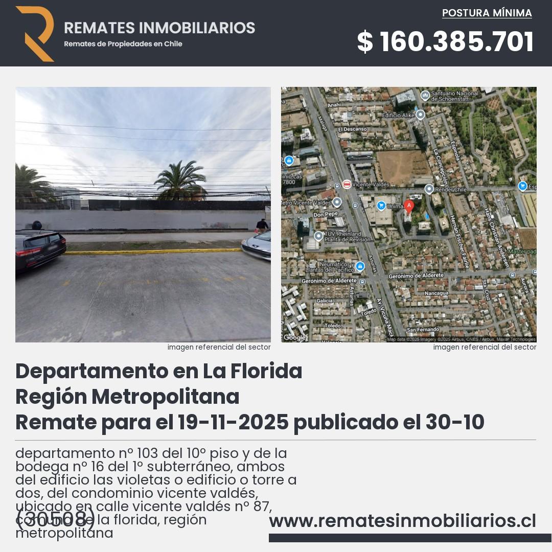 Imagen ficha departamento nº 103 del 10º piso y de la bodega nº 16 del 1º subterráneo, ambos del edificio las violetas o edificio o torre a dos, del condominio vicente valdés, ubicado en calle vicente valdés nº 87, comuna de la florida, región metropolitana