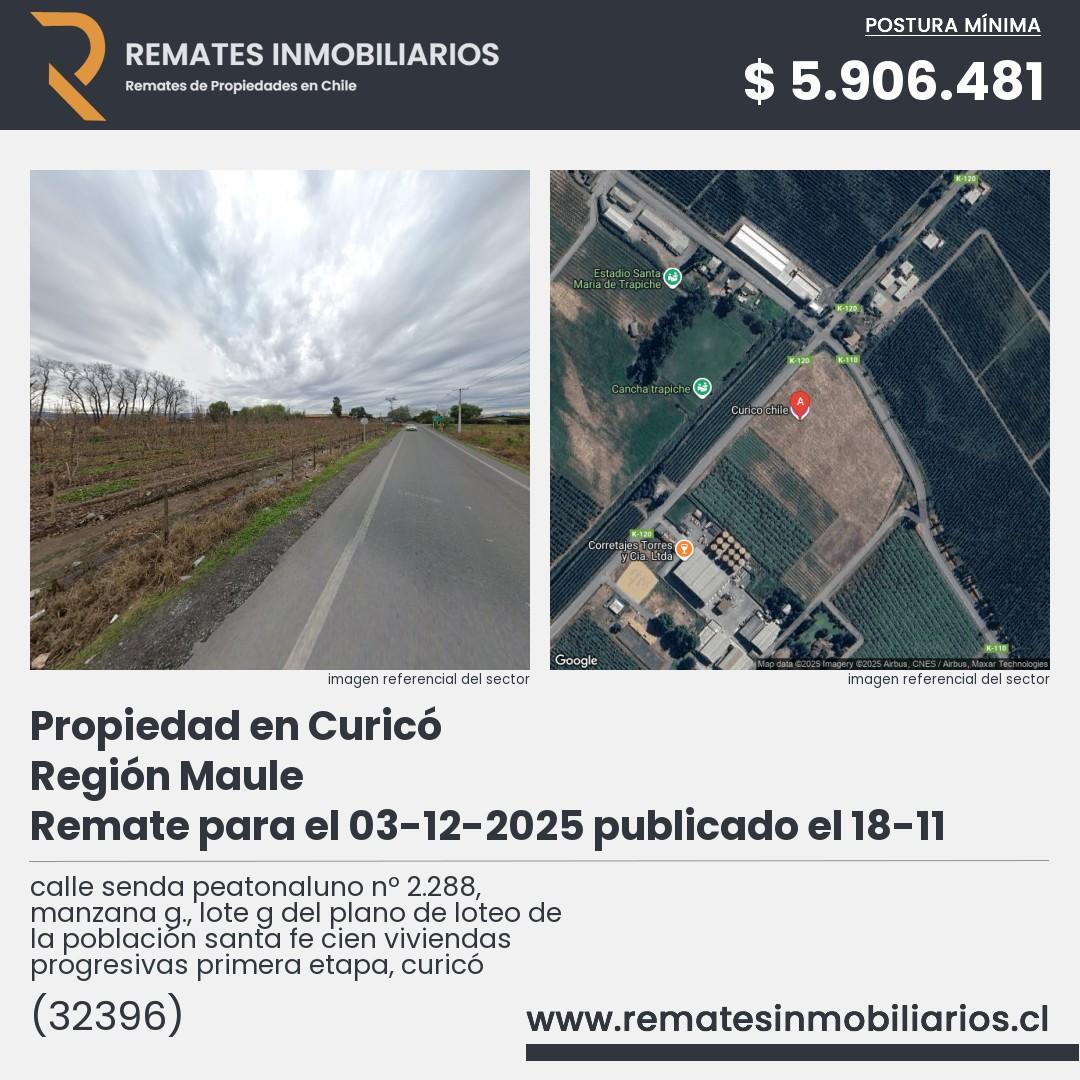 Imagen ficha calle senda peatonaluno nº 2.288, manzana g., lote g del plano de loteo de la población santa fe cien viviendas progresivas primera etapa, curicó