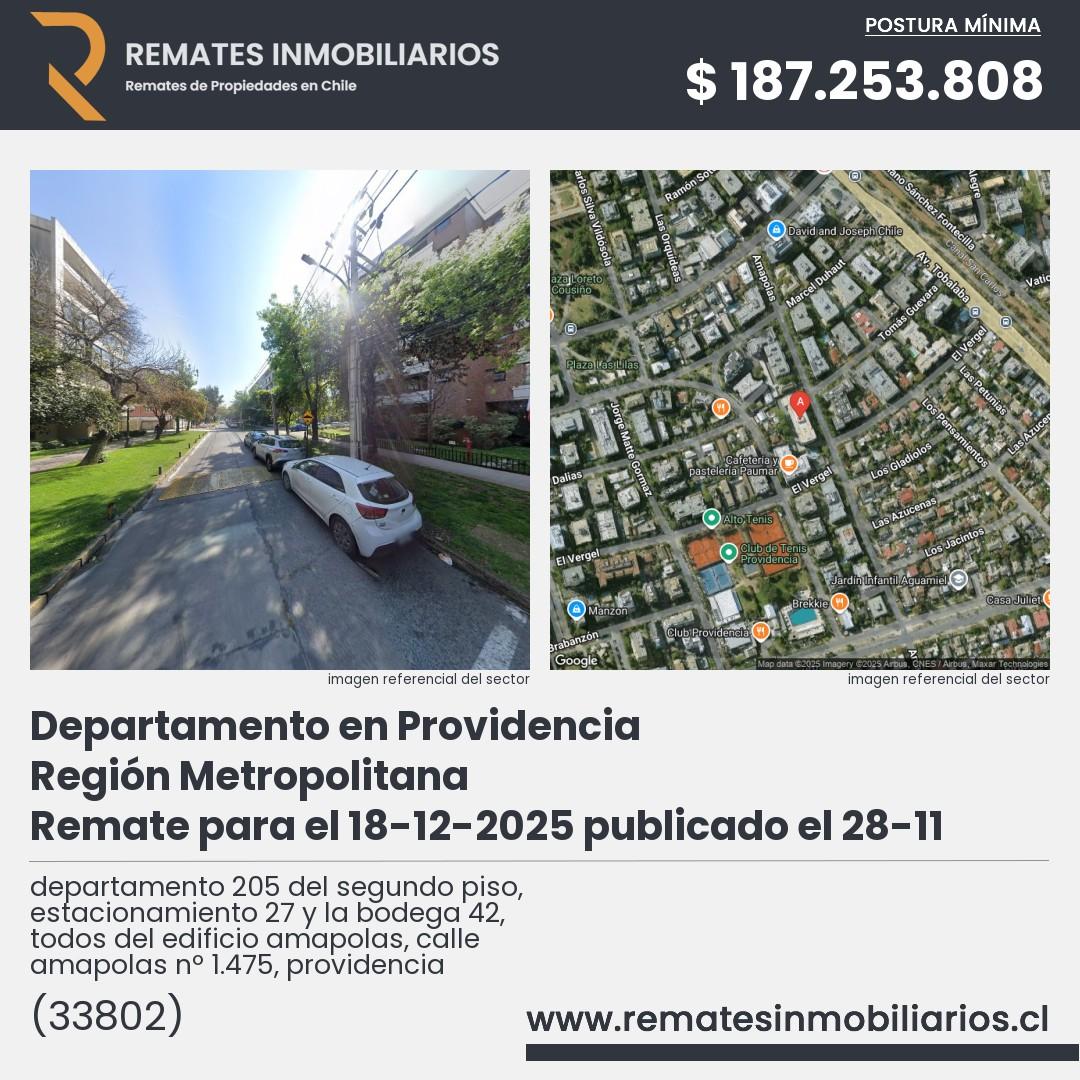 Imagen ficha departamento 205 del segundo piso, estacionamiento 27 y la bodega 42, todos del edificio amapolas, calle amapolas nº 1.475, providencia