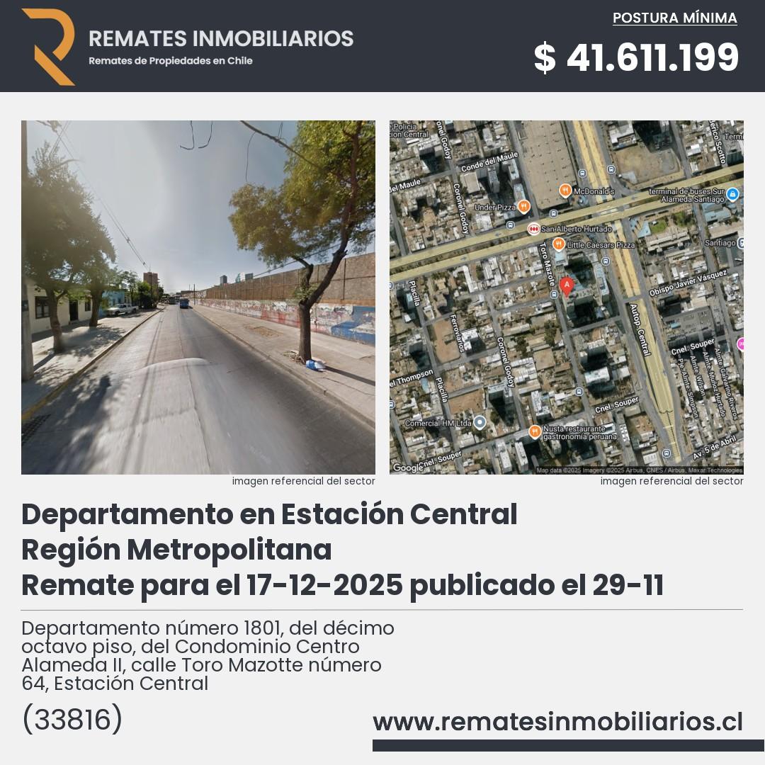 Imagen ficha Departamento número 1801, del décimo octavo piso, del Condominio Centro Alameda II, calle Toro Mazotte número 64, Estación Central