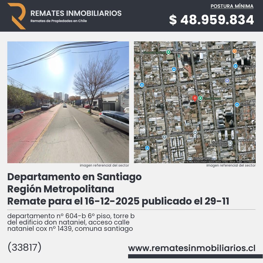 Imagen ficha departamento nº 604-b 6º piso, torre b del edificio don nataniel, acceso calle nataniel cox nº 1439, comuna santiago