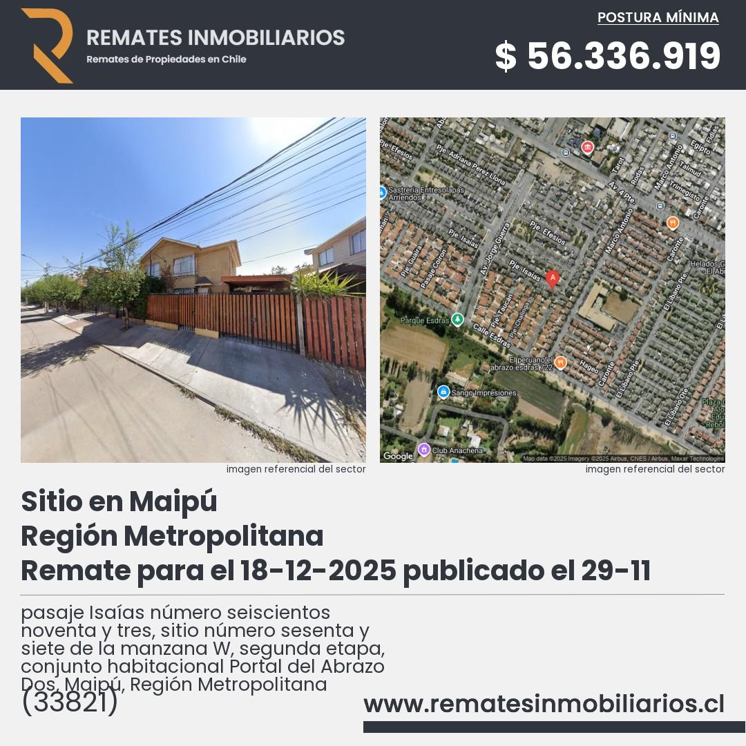 Imagen ficha pasaje Isaías número seiscientos noventa y tres, sitio número sesenta y siete de la manzana W, segunda etapa, conjunto habitacional Portal del Abrazo Dos, Maipú, Región Metropolitana