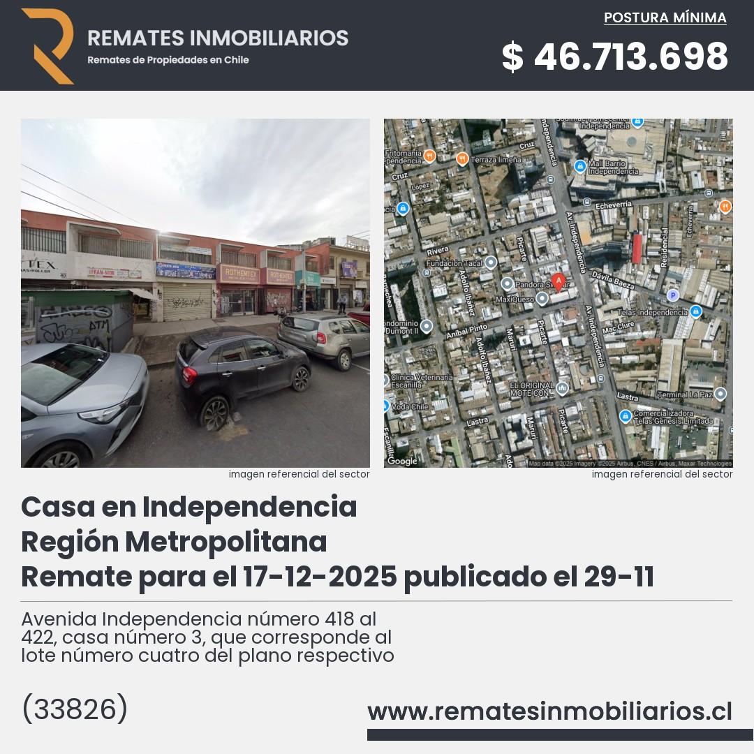 Imagen ficha Avenida Independencia número 418 al 422, casa número 3, que corresponde al lote número cuatro del plano respectivo