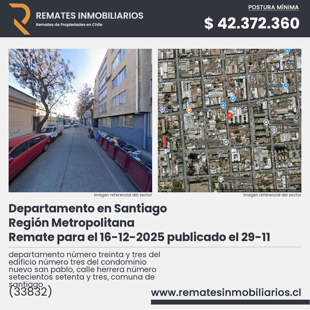 Imagen ficha departamento número treinta y tres del edificio número tres del condominio nuevo san pablo, calle herrera número setecientos setenta y tres, comuna de santiago