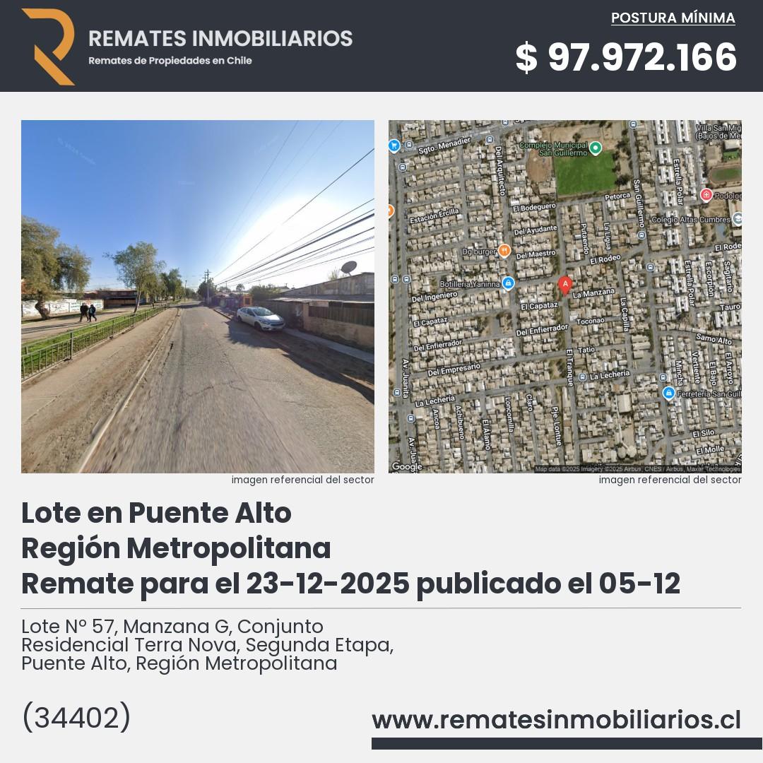 Imagen ficha Lote Nº 57, Manzana G, Conjunto Residencial Terra Nova, Segunda Etapa, Puente Alto, Región Metropolitana