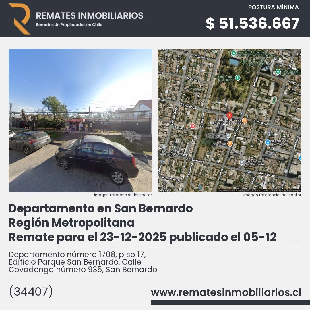 Imagen ficha Departamento número 1708, piso 17, Edificio Parque San Bernardo, Calle Covadonga número 935, San Bernardo