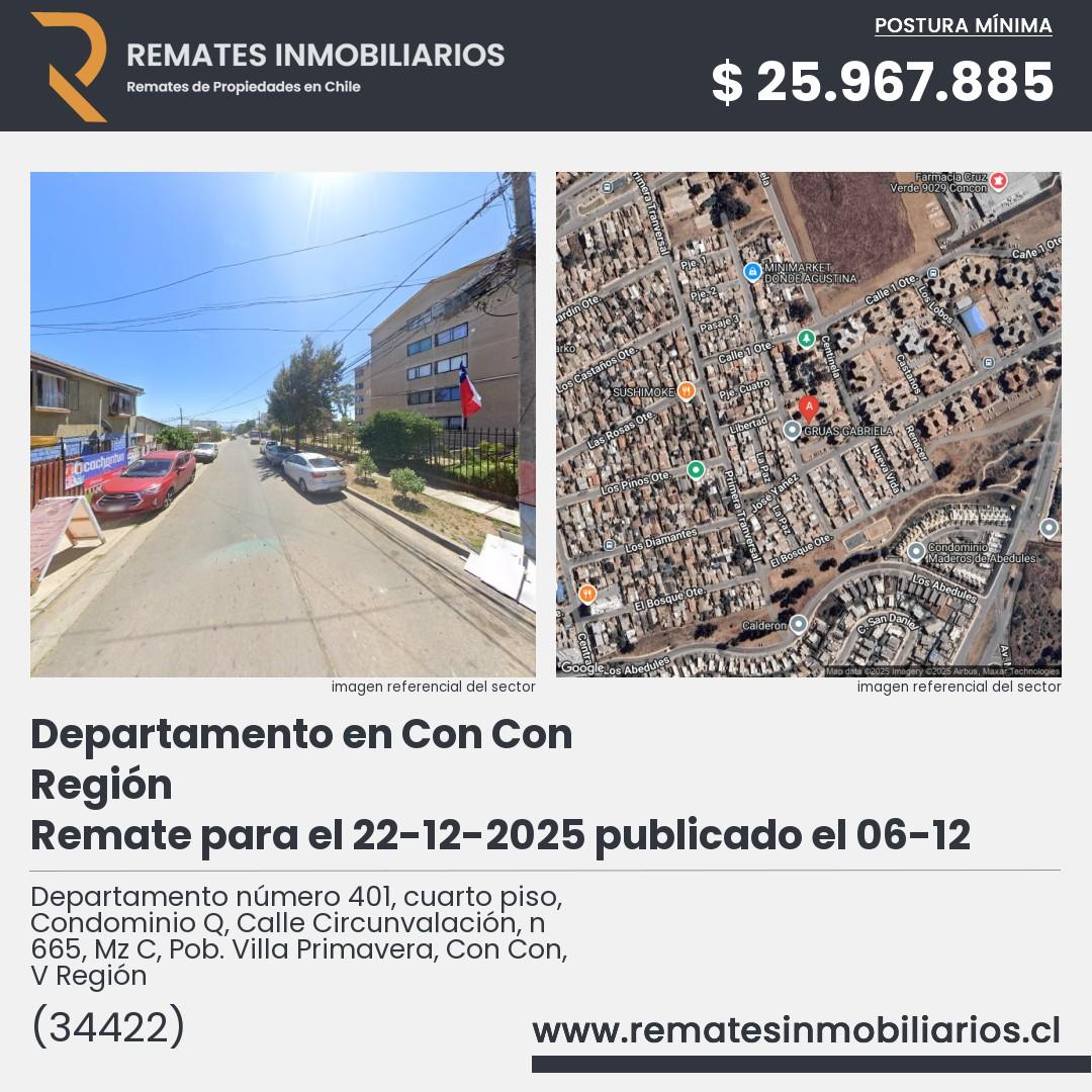 Imagen ficha Departamento número 401, cuarto piso, Condominio Q, Calle Circunvalación, n 665, Mz C, Pob. Villa Primavera, Con Con, V Región