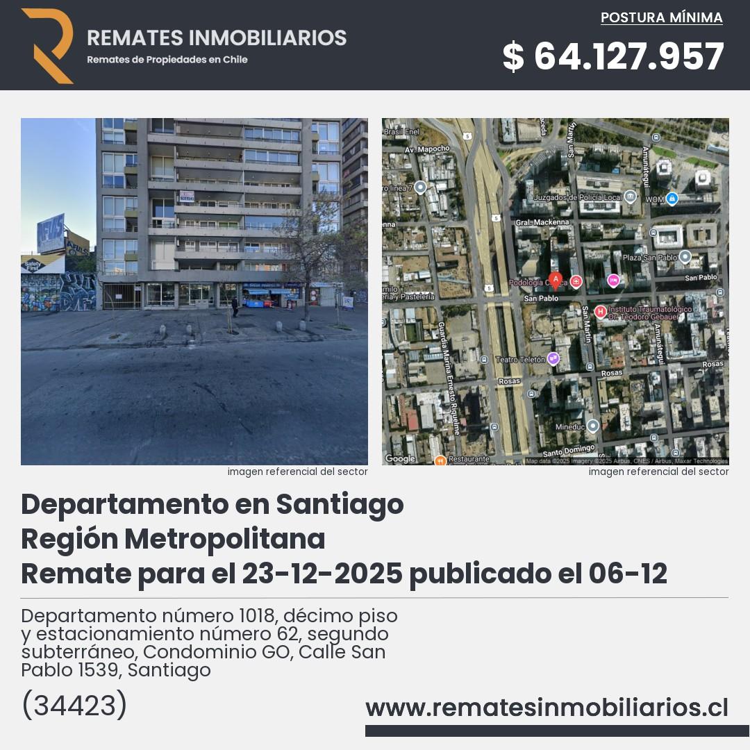 Imagen ficha Departamento número 1018, décimo piso y estacionamiento número 62, segundo subterráneo, Condominio GO, Calle San Pablo 1539, Santiago