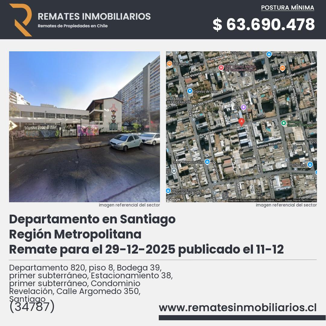 Imagen ficha Departamento 820, piso 8, Bodega 39, primer subterráneo, Estacionamiento 38, primer subterráneo, Condominio Revelación, Calle Argomedo 350, Santiago